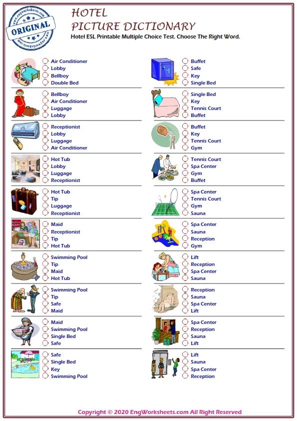 Hotel ESL Printable Multiple Choice Test. Choose The Right Word.