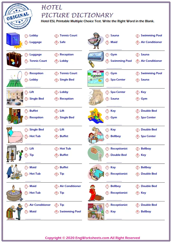 Hotel ESL Printable Multiple Choice Test. Write the Right Word in the Blank.