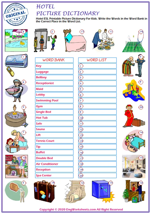 Hotel ESL Printable Picture Dictionary For Kids. Write the Words in the Word Bank in the Correct Place in the Word List. Worksheet Preview