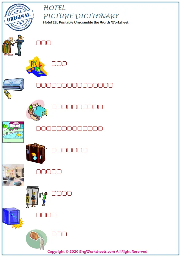 Hotel ESL Printable Unscramble the Words Worksheet. Worksheet Preview