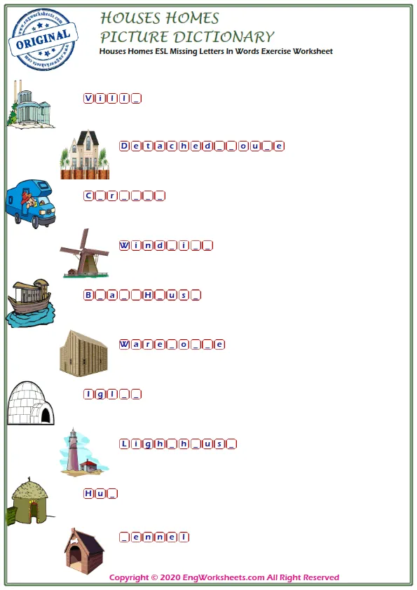 Houses Homes ESL Missing Letters In Words Exercise Worksheet Worksheet Preview
