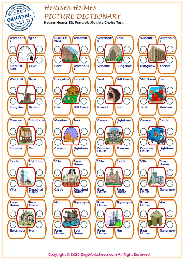 Houses Homes ESL Printable Multiple Choice Test. Worksheet Preview