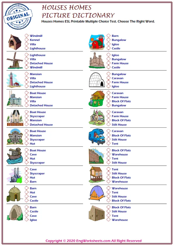 Houses Homes ESL Printable Multiple Choice Test. Choose The Right Word. Worksheet Preview
