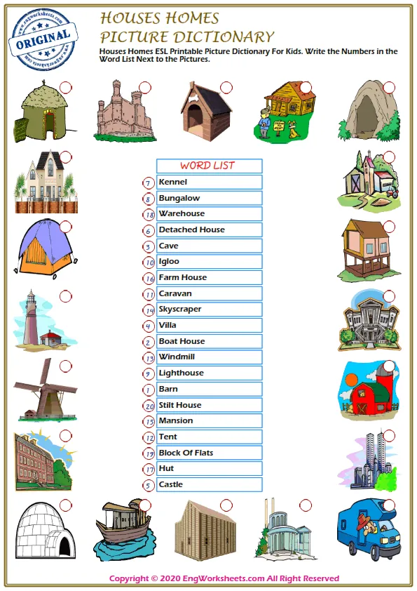 Houses Homes ESL Printable Picture Dictionary For Kids. Write the Numbers in the Word List Next to the Pictures. Worksheet Preview