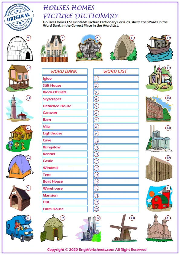 Houses Homes ESL Printable Picture Dictionary For Kids. Write the Words in the Word Bank in the Correct Place in the Word List. Worksheet Preview