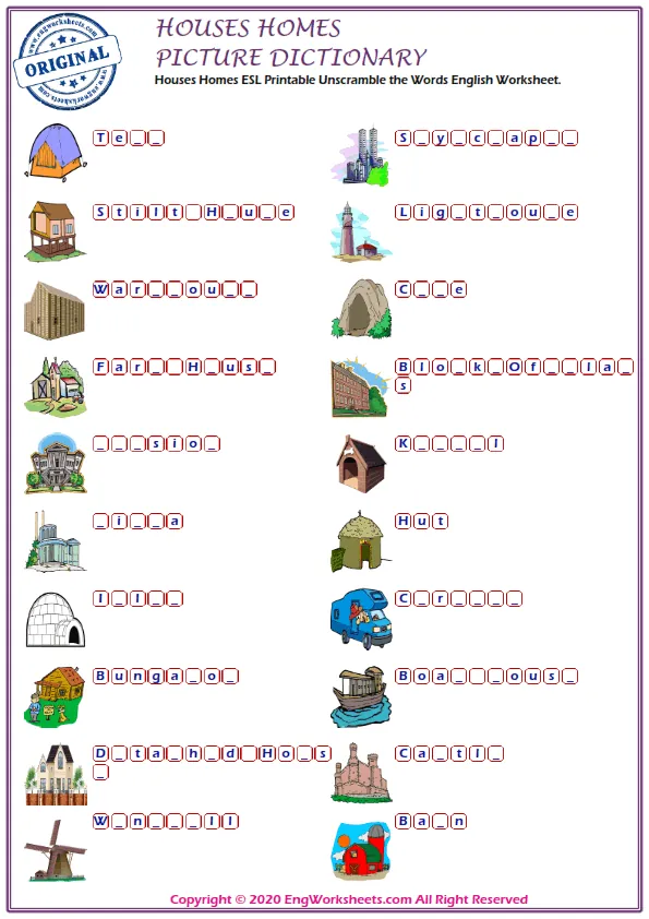 Houses Homes ESL Printable Unscramble the Words English Worksheet. Worksheet Preview