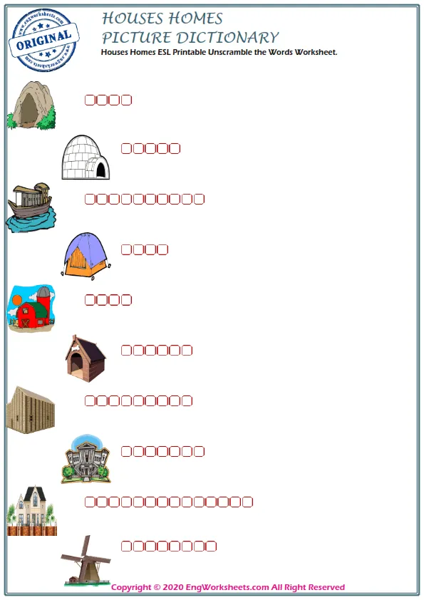 Houses Homes ESL Printable Unscramble the Words Worksheet. Worksheet Preview