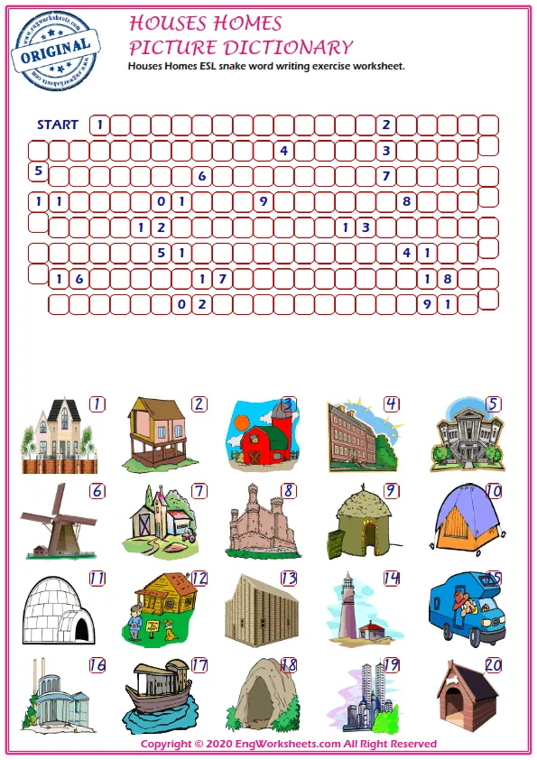 Houses Homes ESL snake word writing exercise worksheet. Worksheet Preview