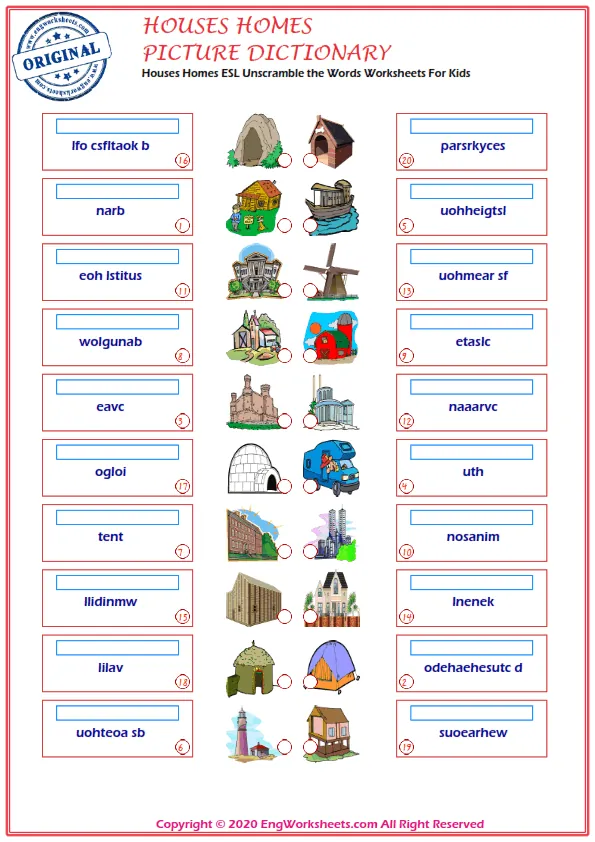 Houses Homes ESL Unscramble the Words Worksheets For Kids Worksheet Preview