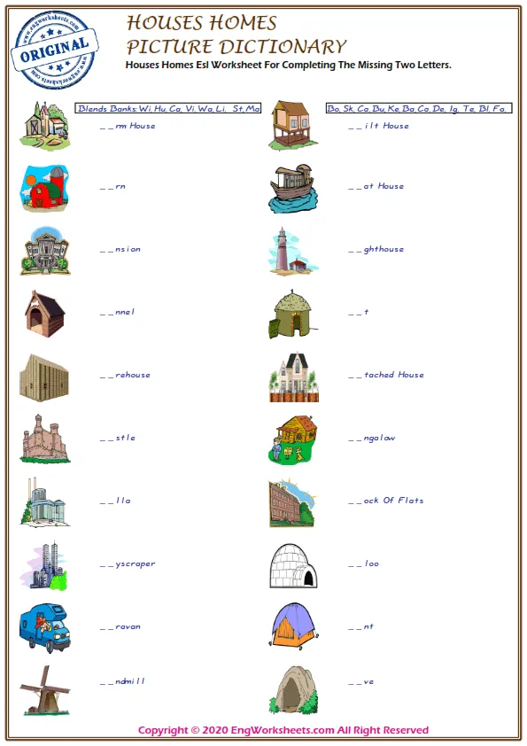 Houses Homes Esl Worksheet For Completing The Missing Two Letters. Worksheet Preview