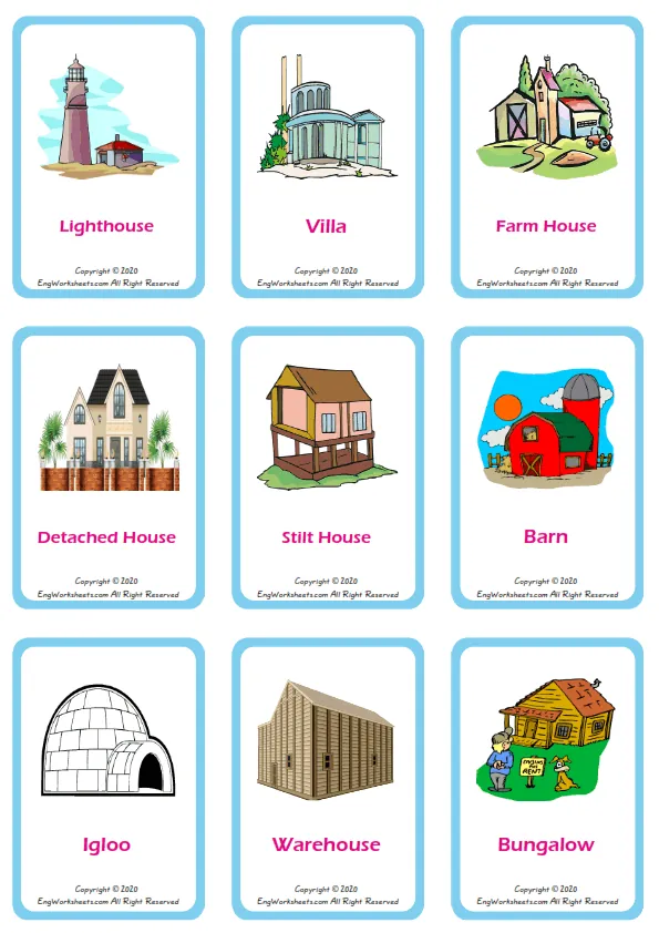 Houses Homes vocabulary worksheet with words, nine images per page Worksheet Preview