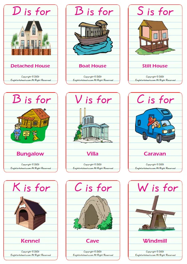 Houses Homes vocabulary worksheet with words, nine images per page Worksheet Preview
