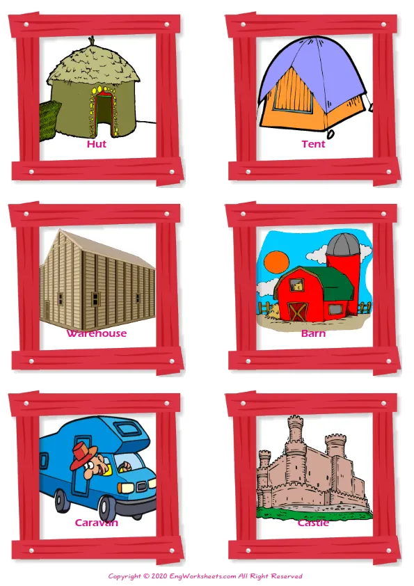 Houses Homes vocabulary worksheet with words, six images per page Worksheet Preview