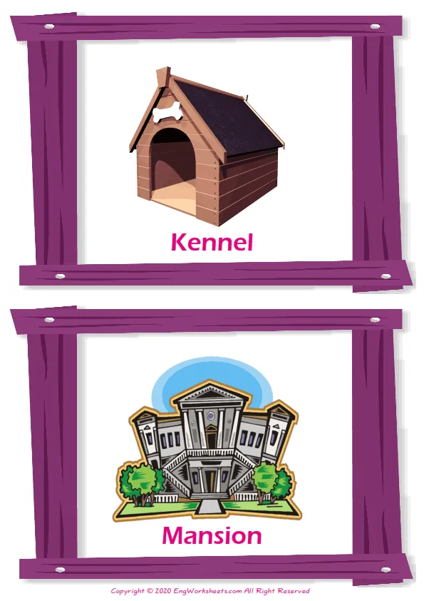 Houses Homes vocabulary worksheet with words, two images per page Worksheet Preview