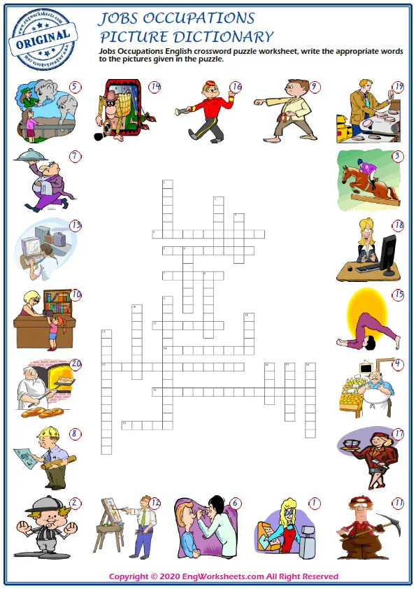 Jobs Occupations English crossword puzzle worksheet, write the appropriate words to the pictures given in the puzzle.