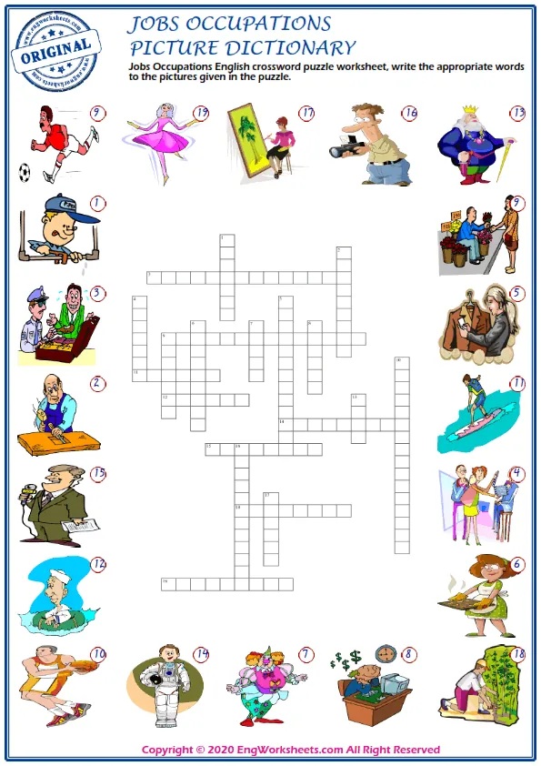 Jobs Occupations English crossword puzzle worksheet, write the appropriate words to the pictures given in the puzzle.