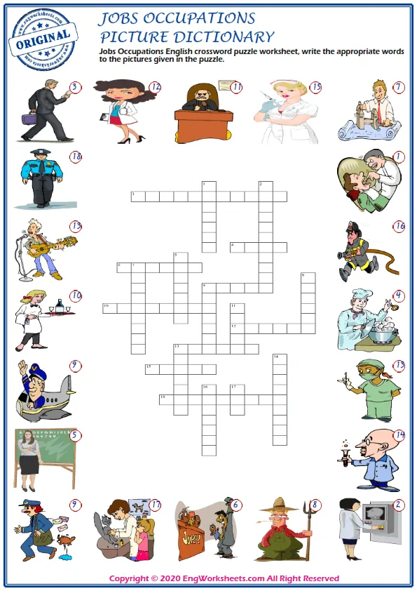 Jobs Occupations English crossword puzzle worksheet, write the appropriate words to the pictures given in the puzzle.