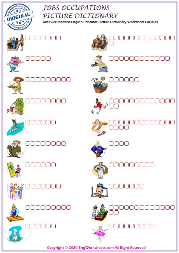 Jobs Occupations English Printable Picture Dictionary Worksheet For Kids