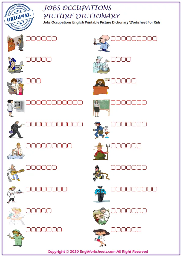 Jobs Occupations English Printable Picture Dictionary Worksheet For Kids