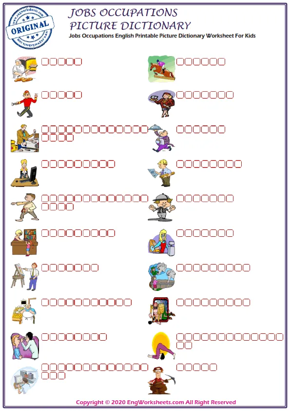 Jobs Occupations English Printable Picture Dictionary Worksheet For Kids