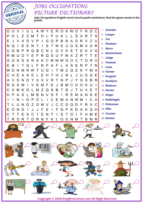 Jobs Occupations English word search puzzle worksheet, find the given words in the puzzle.