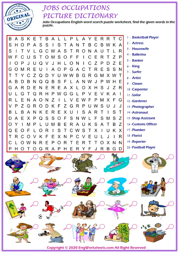 Jobs Occupations English word search puzzle worksheet, find the given words in the puzzle.