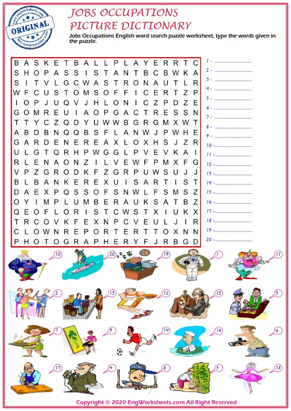 Jobs Occupations English word search puzzle worksheet, type the words given in the puzzle.