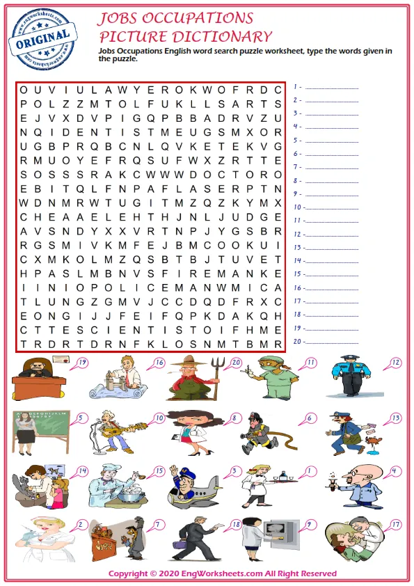 Jobs Occupations English word search puzzle worksheet, type the words given in the puzzle.