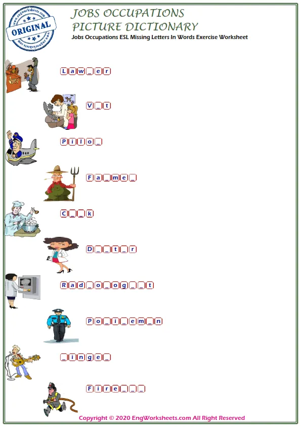 Jobs Occupations ESL Missing Letters In Words Exercise Worksheet