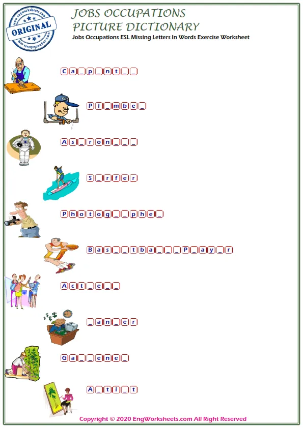 Jobs Occupations ESL Missing Letters In Words Exercise Worksheet