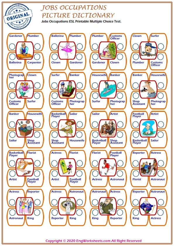 Jobs Occupations ESL Printable Multiple Choice Test.