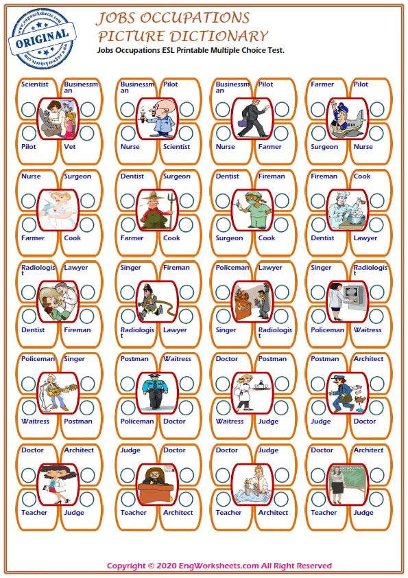 Jobs Occupations ESL Printable Multiple Choice Test.