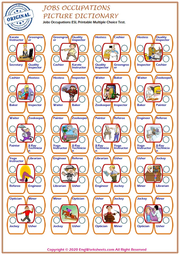 Jobs Occupations ESL Printable Multiple Choice Test.