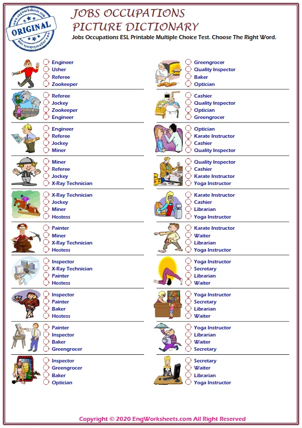 Jobs Occupations ESL Printable Multiple Choice Test. Choose The Right Word.
