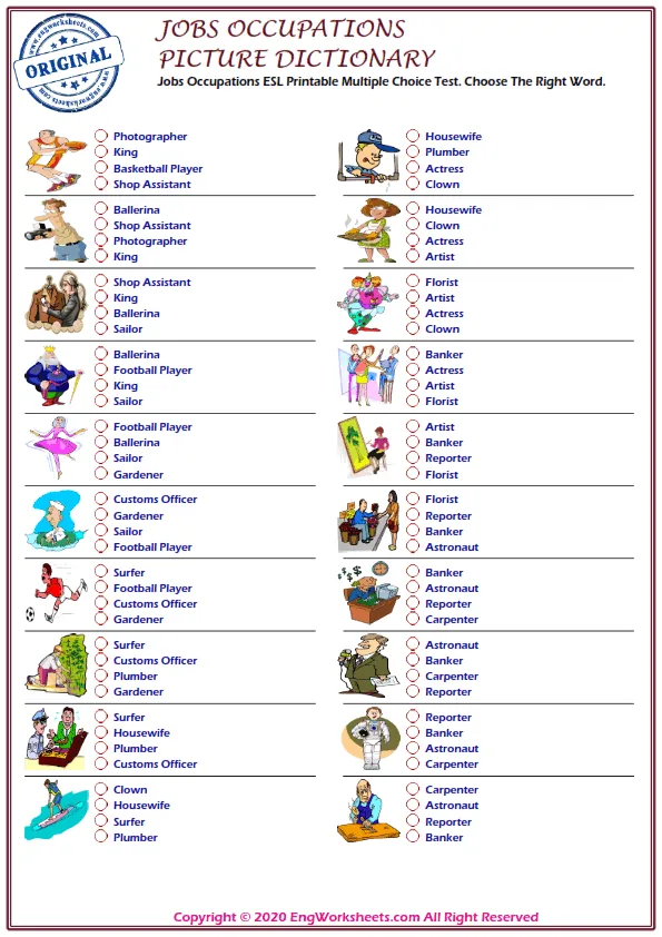 Jobs Occupations ESL Printable Multiple Choice Test. Choose The Right Word.