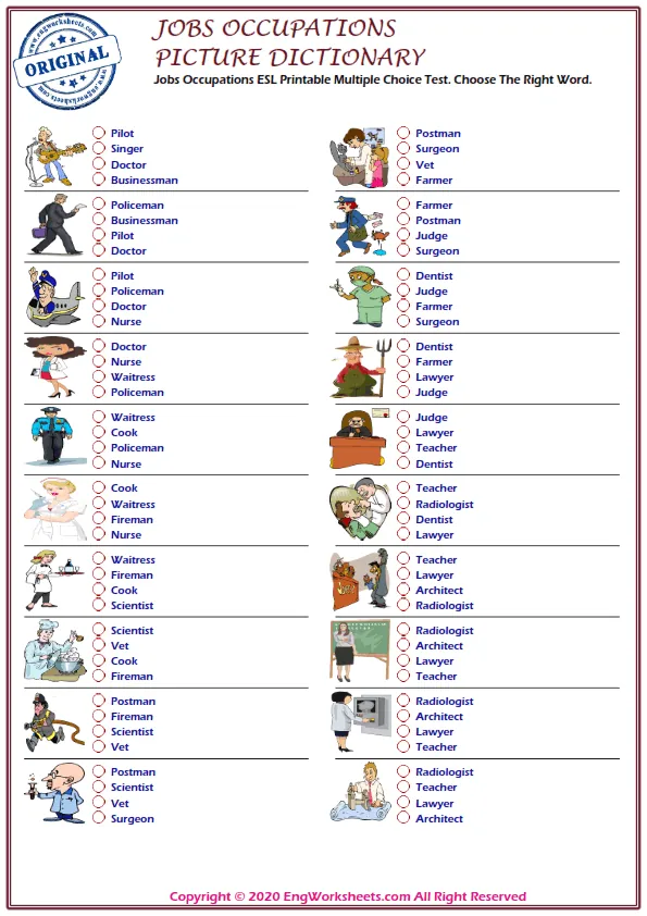 Jobs Occupations ESL Printable Multiple Choice Test. Choose The Right Word.