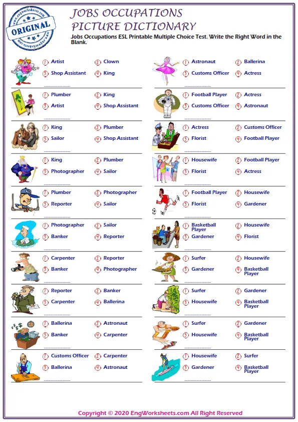 Jobs Occupations ESL Printable Multiple Choice Test. Write the Right Word in the Blank.