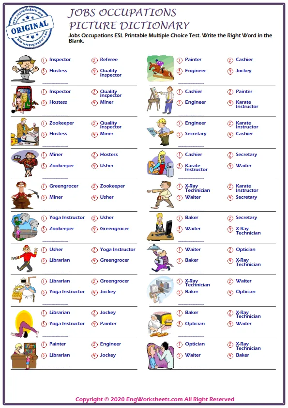Jobs Occupations ESL Printable Multiple Choice Test. Write the Right Word in the Blank.