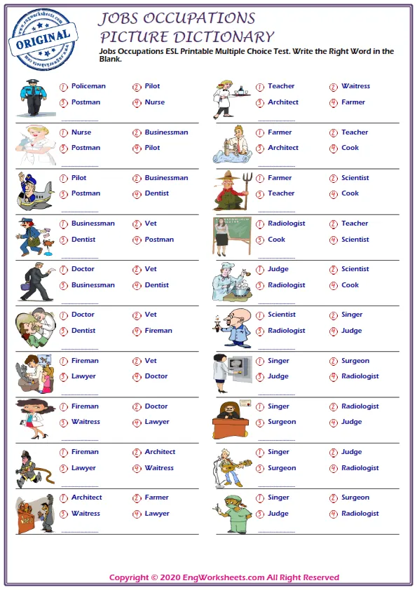 Jobs Occupations ESL Printable Multiple Choice Test. Write the Right Word in the Blank.