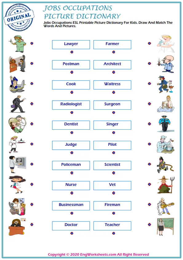 Jobs Occupations ESL Printable Picture Dictionary For Kids. Draw And Match The Words And Pictures.
