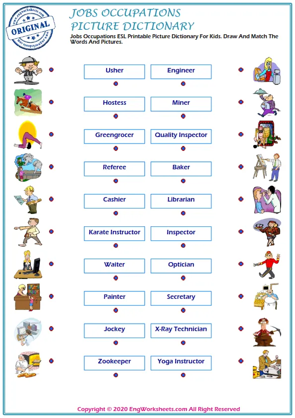 Jobs Occupations ESL Printable Picture Dictionary For Kids. Draw And Match The Words And Pictures.
