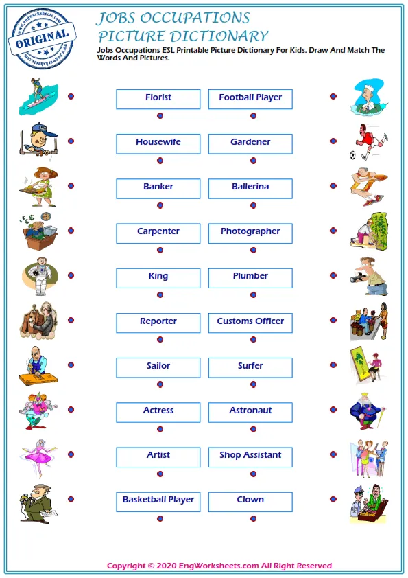 Jobs Occupations ESL Printable Picture Dictionary For Kids. Draw And Match The Words And Pictures.