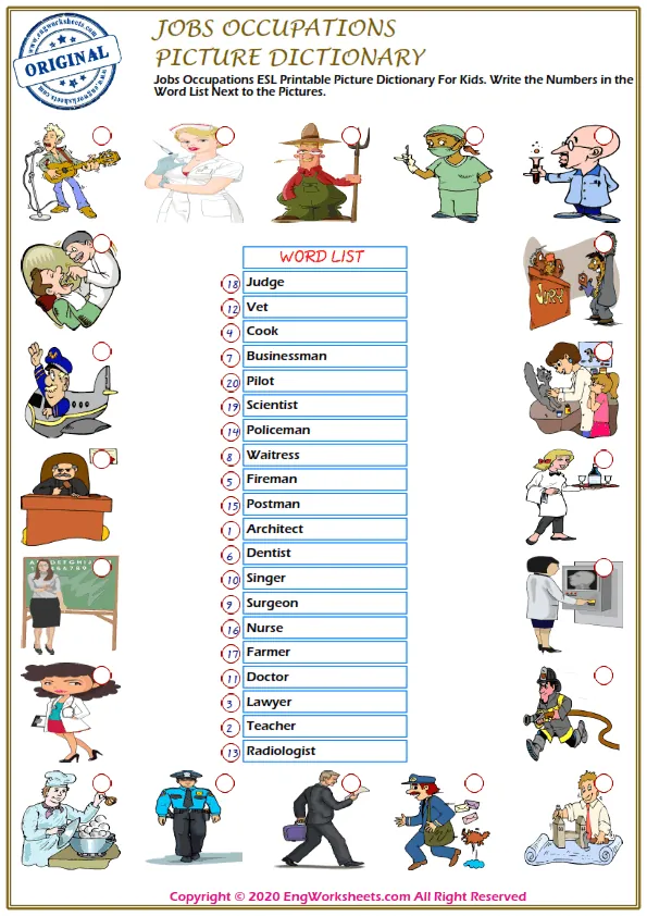 Jobs Occupations ESL Printable Picture Dictionary For Kids. Write the Numbers in the Word List Next to the Pictures.