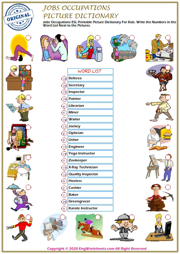 Jobs Occupations ESL Printable Picture Dictionary For Kids. Write the Numbers in the Word List Next to the Pictures.