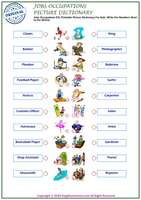 Jobs Occupations ESL Printable Picture Dictionary For Kids. Write the Numbers Next to the Words.