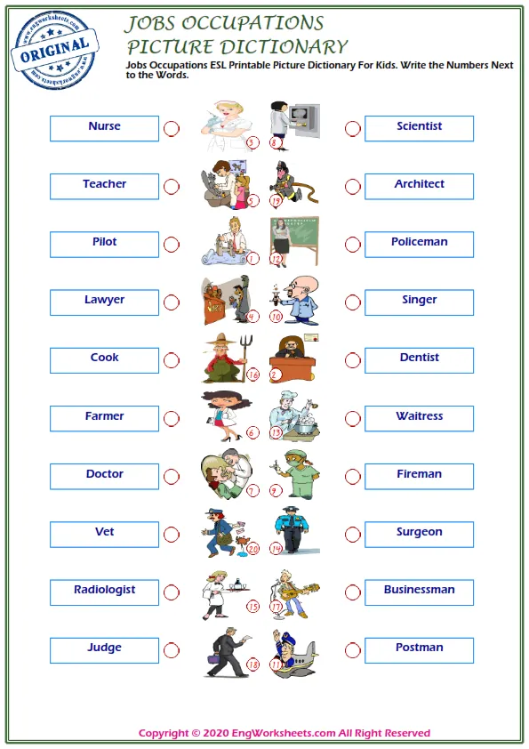 Jobs Occupations ESL Printable Picture Dictionary For Kids. Write the Numbers Next to the Words.
