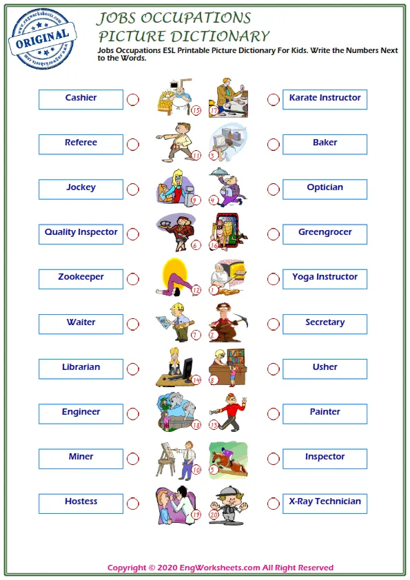 Jobs Occupations ESL Printable Picture Dictionary For Kids. Write the Numbers Next to the Words.