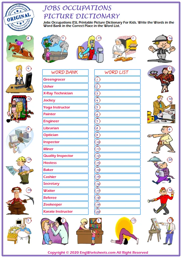 Jobs Occupations ESL Printable Picture Dictionary For Kids. Write the Words in the Word Bank in the Correct Place in the Word List.