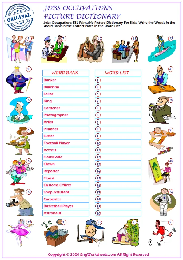 Jobs Occupations ESL Printable Picture Dictionary For Kids. Write the Words in the Word Bank in the Correct Place in the Word List.