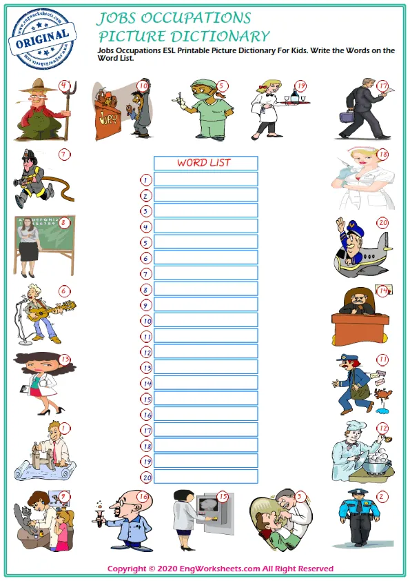 Jobs Occupations ESL Printable Picture Dictionary For Kids. Write the Words on the Word List.